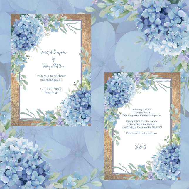 Convites Casamento Romântico Blue Hydrangea Monograma (Criador carregado)