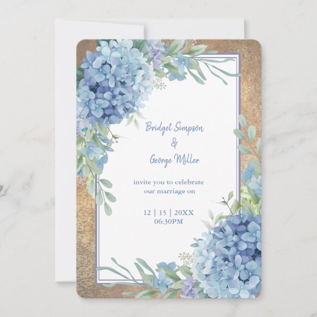 Convites Casamento Romântico Blue Hydrangea Monograma (Frente)