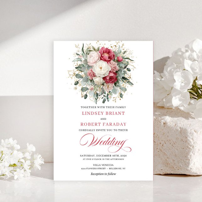 Convites Casamento Romântico Boêmio Vermelho Branco Verde D (Romantic Bohemian Red White Greenery Wedding Invitation)