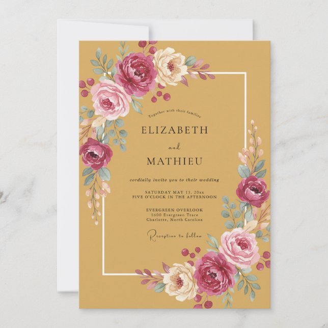 Convites Casamento Romântico Boho Amarelo Mostarda (Frente)