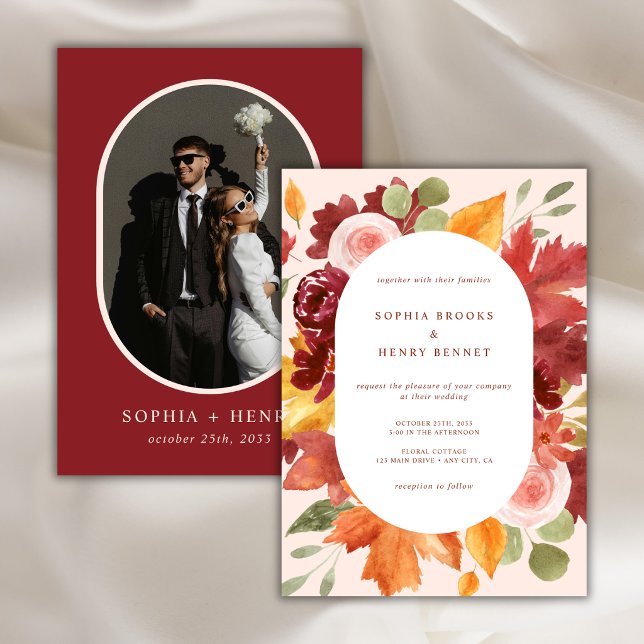 Convites Casamento Romântico Boho Floral Burgundy Foto (Criador carregado)