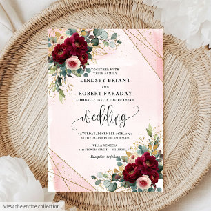 Convites Casamento Romântico Boho Maroon Dourado Flores