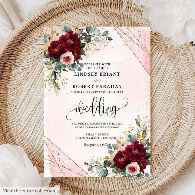 Convites Casamento Romântico Boho Maroon Dourado Flores (Romantic Boho Maroon Gold Blush Flowers Wedding Invitation )