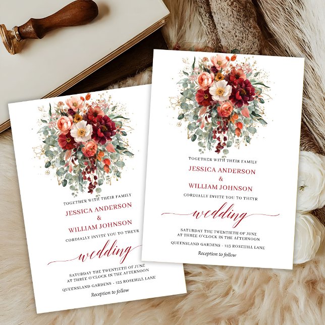Convites Casamento Romântico Boho Outono com Flores Burgund (Romantic Boho Burgundy Flowers Autumn Wedding Invite

)