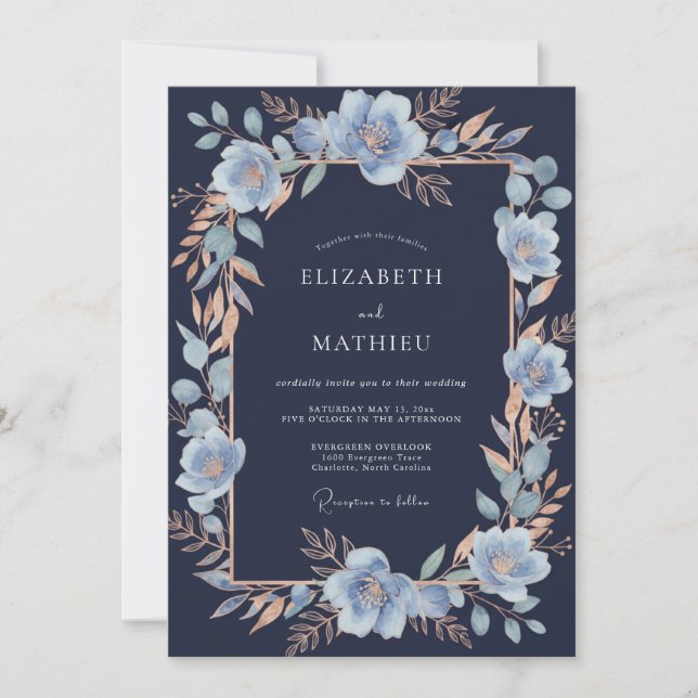 Convites Casamento Romântico Botânico Azul Claro (Frente)