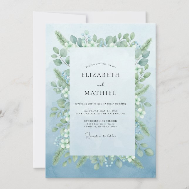Convites Casamento Romântico Botânico Azul Claro (Frente)