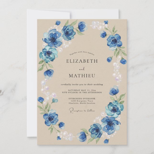 Convites Casamento Romântico Botânico Azul Cobalto (Frente)