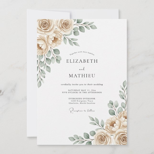 Convites Casamento Romântico Botânico Azul Empoeirado (Frente)