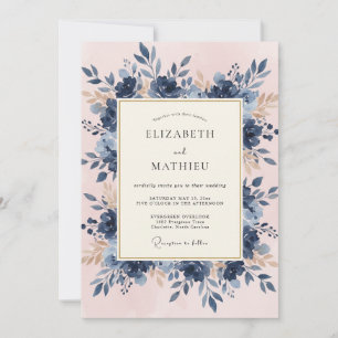 Convites Casamento Romântico Botânico Azul Marinho