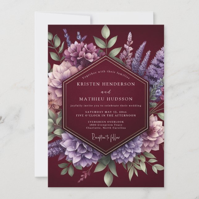 Convites Casamento Romântico Botânico Borgonha (Frente)