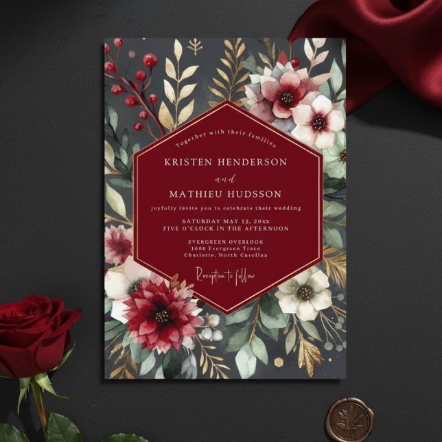 Convites Casamento Romântico Botânico Borgonha (Criador carregado)