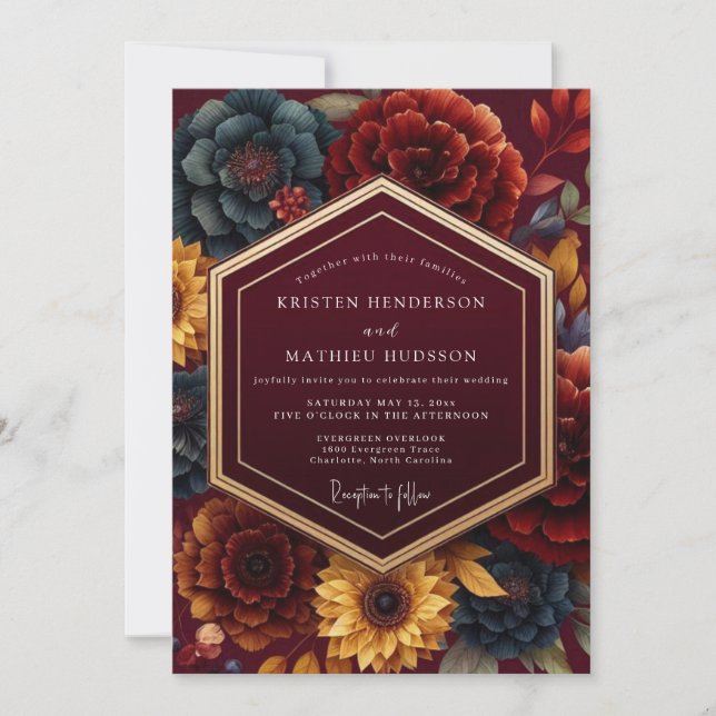 Convites Casamento Romântico Botânico Borgonha (Frente)
