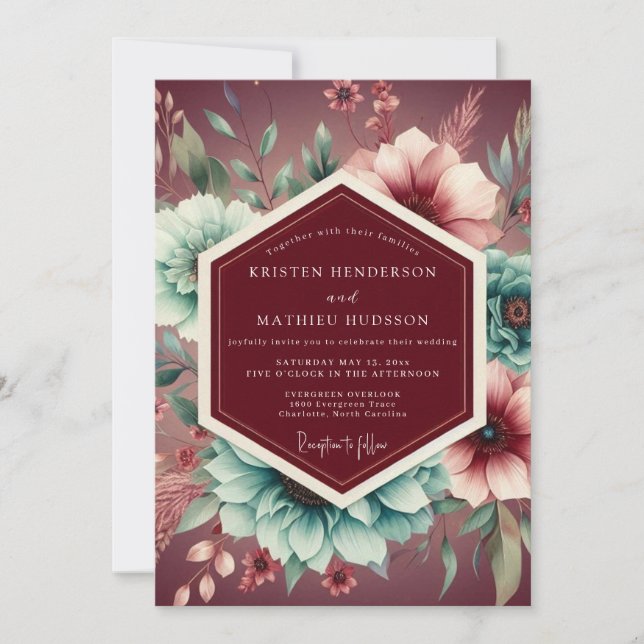 Convites Casamento Romântico Botânico Borgonha (Frente)