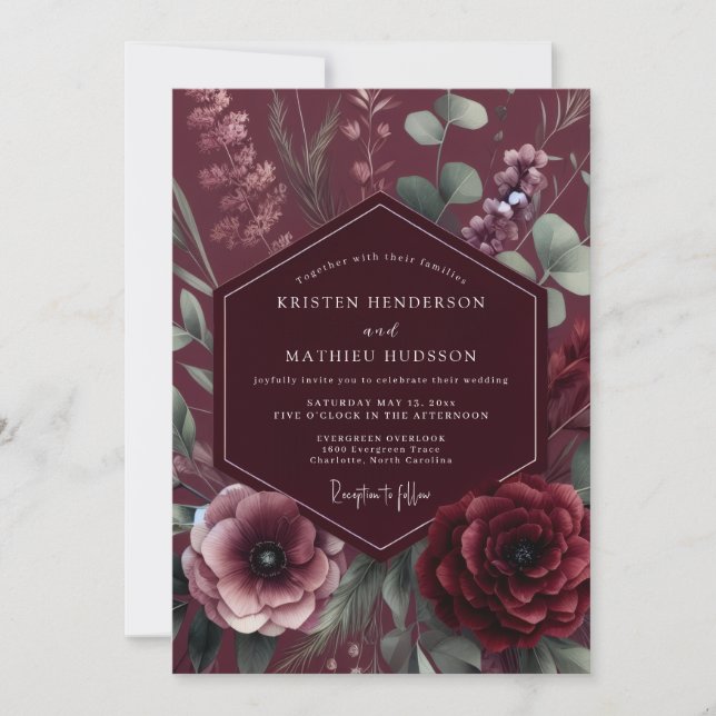 Convites Casamento Romântico Botânico Burgundy Moody (Frente)