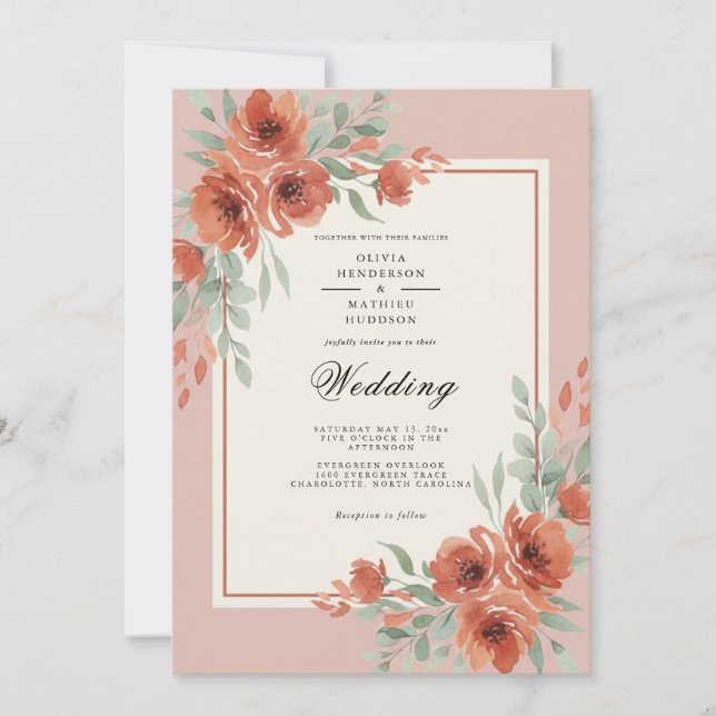 Convites Casamento Romântico Botânico Coral (Frente)