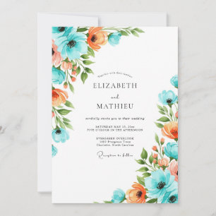 Convites Casamento Romântico Botânico Coral Aqua