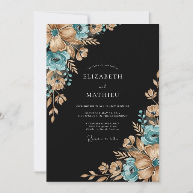 Convites Casamento Romântico Botânico Dourado Turquesa (Frente)