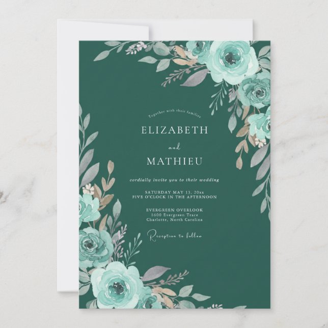Convites Casamento Romântico Botânico em Flor Teal (Frente)