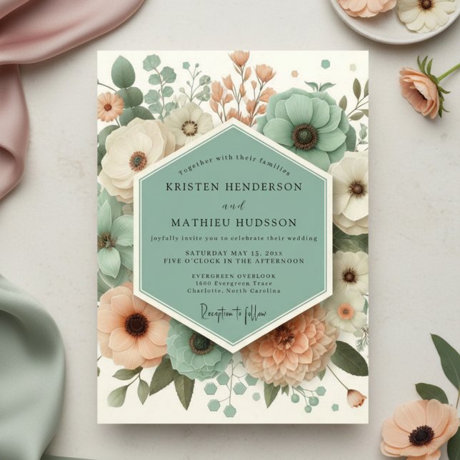 Convites Casamento Romântico Botânico em Verde Menta (Criador carregado)