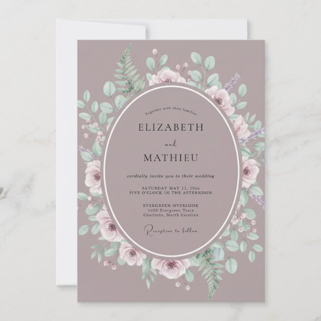 Convites Casamento Romântico Botânico Flor de Malva (Frente)