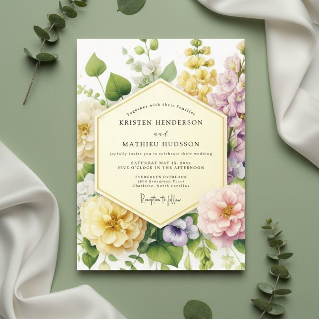 Convites Casamento Romântico Botânico Floral Amarelo (Criador carregado)