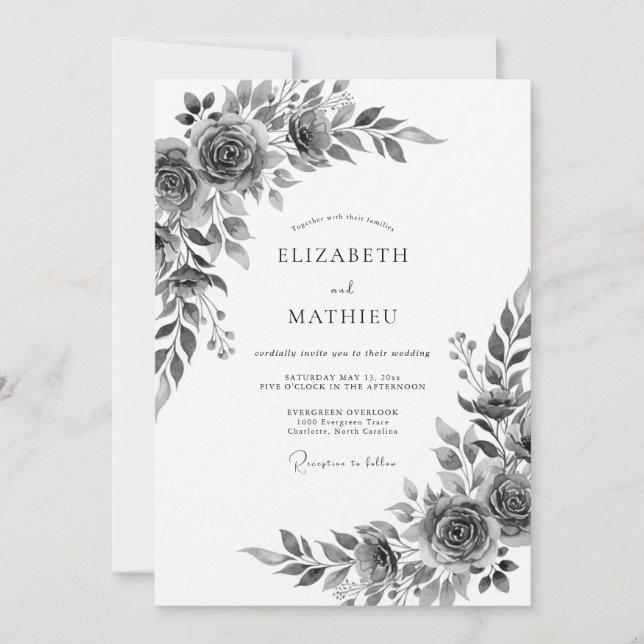 Convites Casamento Romântico Botânico Floral Cinza (Frente)