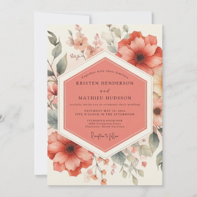 Convites Casamento Romântico Botânico Floral Coral (Frente)
