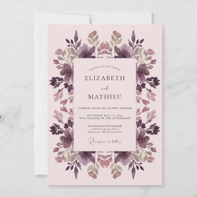 Convites Casamento Romântico Botânico Floral de Ameixa (Frente)