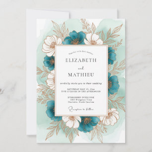 Convites Casamento Romântico Botânico Floral Turquesa