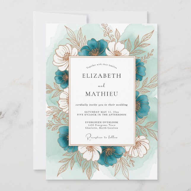 Convites Casamento Romântico Botânico Floral Turquesa (Frente)