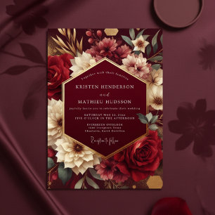 Convites Casamento Romântico Botânico Luxuoso Borgonha