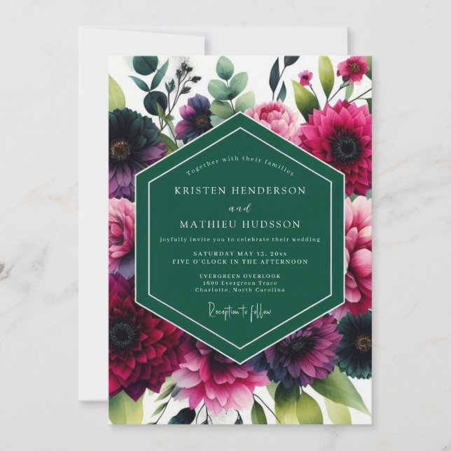 Convites Casamento Romântico Botânico Magenta Intenso (Frente)