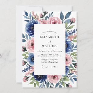 Convites Casamento Romântico Botânico Rosa Azul