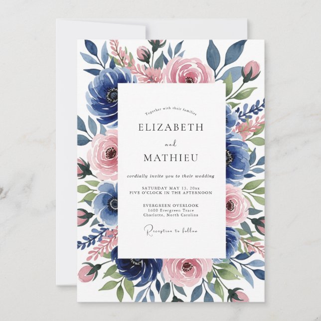Convites Casamento Romântico Botânico Rosa Azul (Frente)