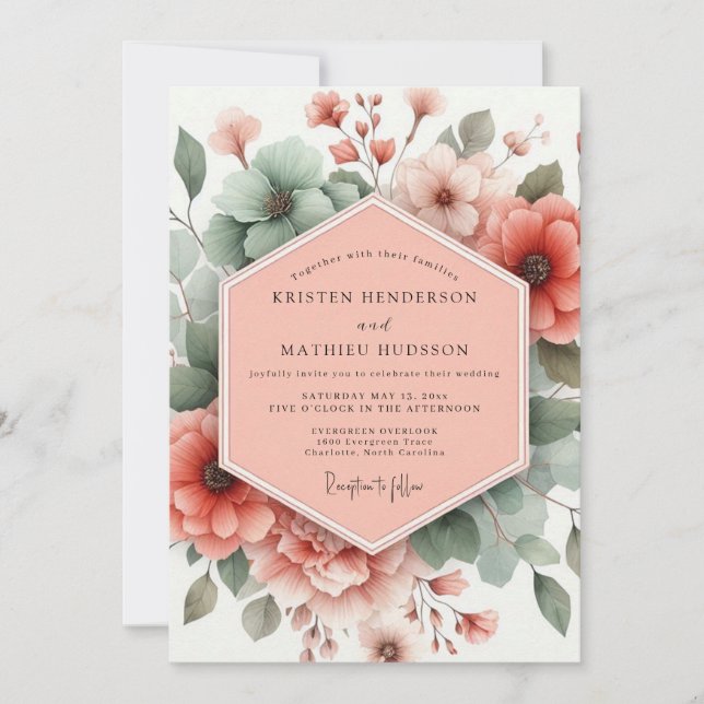 Convites Casamento Romântico Botânico Rosa Empoeirado (Frente)