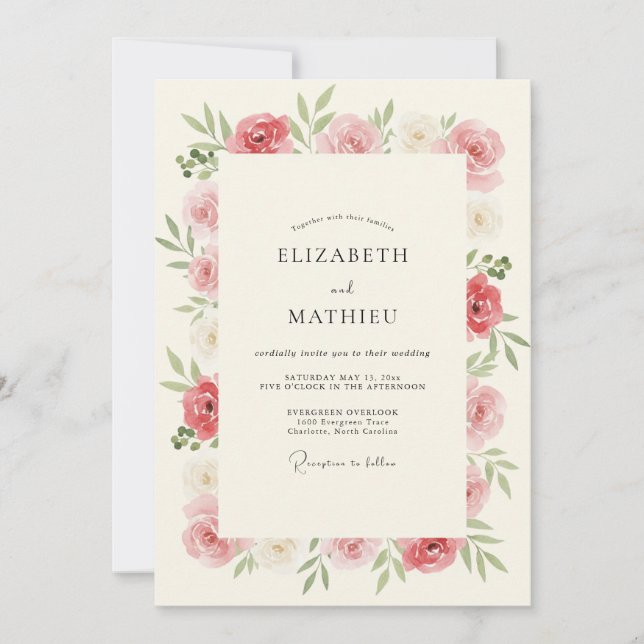 Convites Casamento Romântico Botânico Rosa Rosa (Frente)