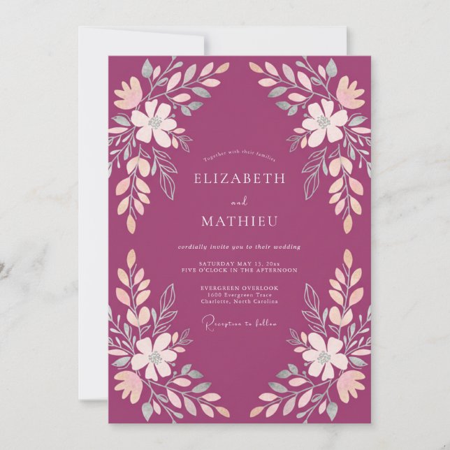 Convites Casamento Romântico Botânico Soft Magenta (Frente)