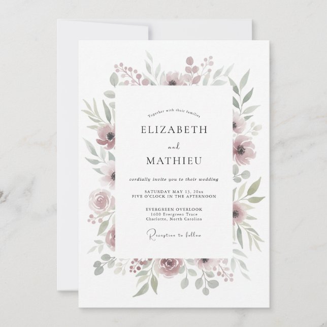 Convites Casamento Romântico Botânico Suave Malva (Frente)