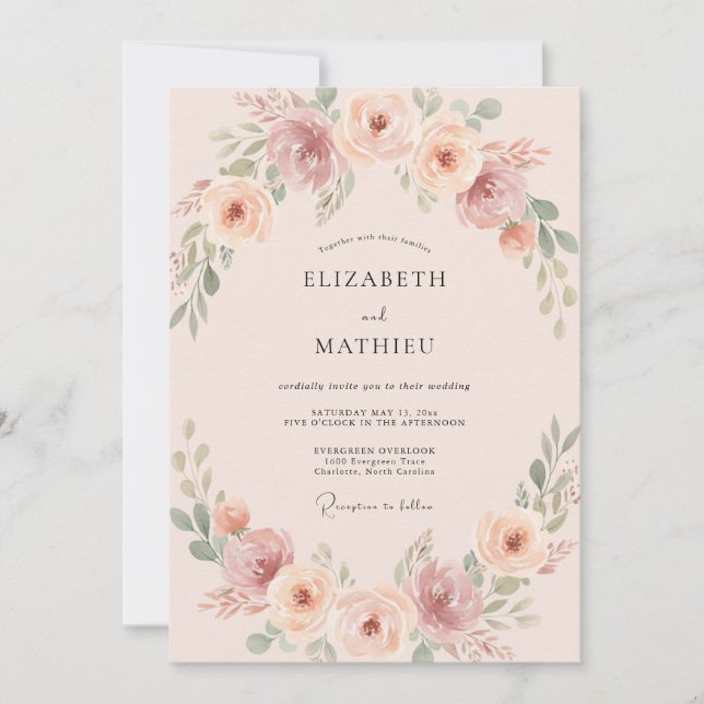Convites Casamento Romântico Botânico Suave Pêssego (Frente)