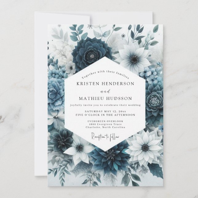 Convites Casamento Romântico Botânico Teal Bloom (Frente)