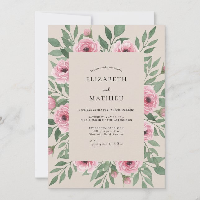 Convites Casamento Romântico Botânico Verde Rosa (Frente)