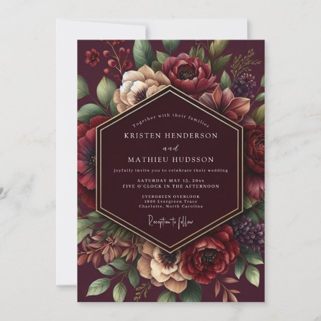 Convites Casamento Romântico Burgundy Bloom (Frente)