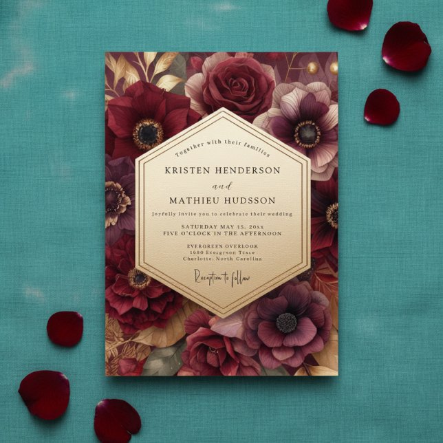 Convites Casamento Romântico Burgundy Bloom (Criador carregado)