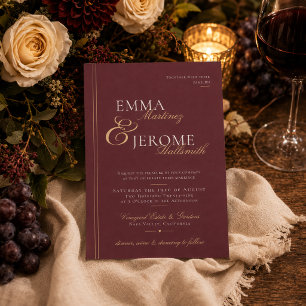 Convites Casamento Romântico Burgundy com Tipografia Dourad