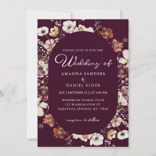 Convites Casamento Romântico Burgundy Flores Silvestres Boê