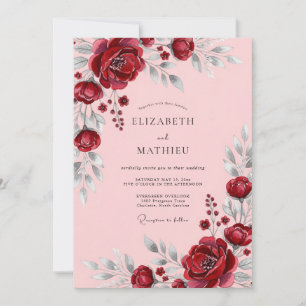 Convites Casamento Romântico Burgundy Florescente