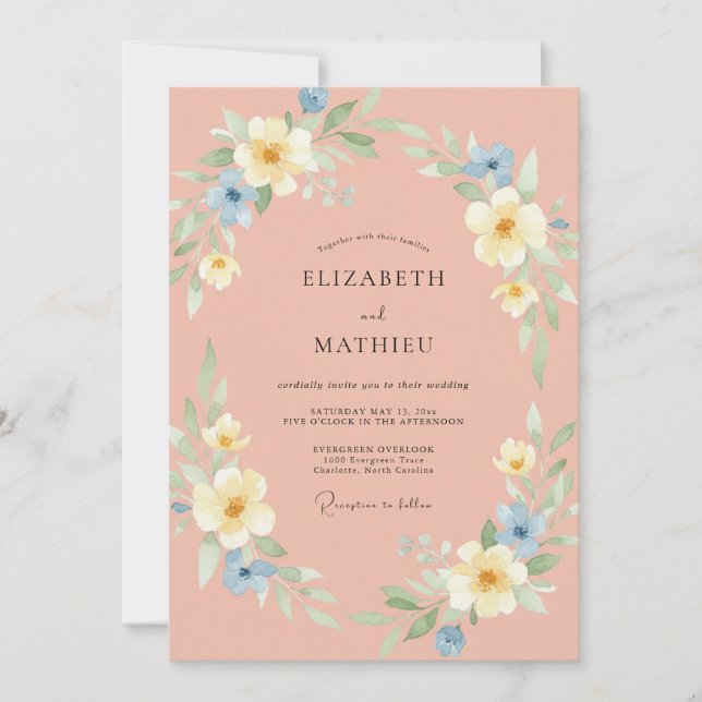 Convites Casamento Romântico Caprichoso Flor de Pêssego (Frente)