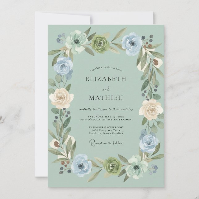 Convites Casamento Romântico Celadon Peony (Frente)