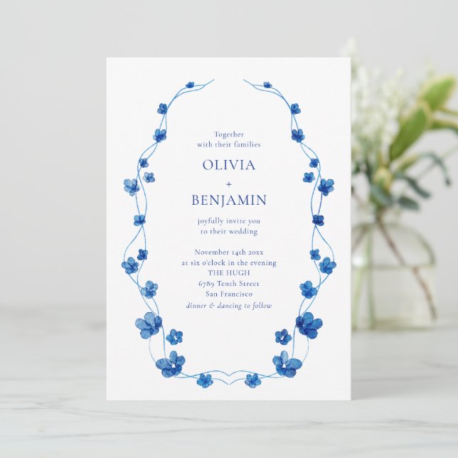 Convites Casamento Romântico Clássico Floral Azul (Em pé/Frente)