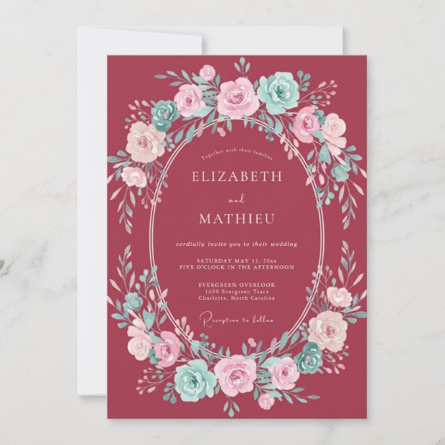 Convites Casamento Romântico com Acento Floral Borgonha (Frente)